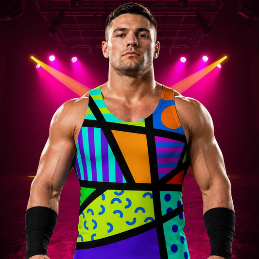 man wearing tank top in geometric memphis design 