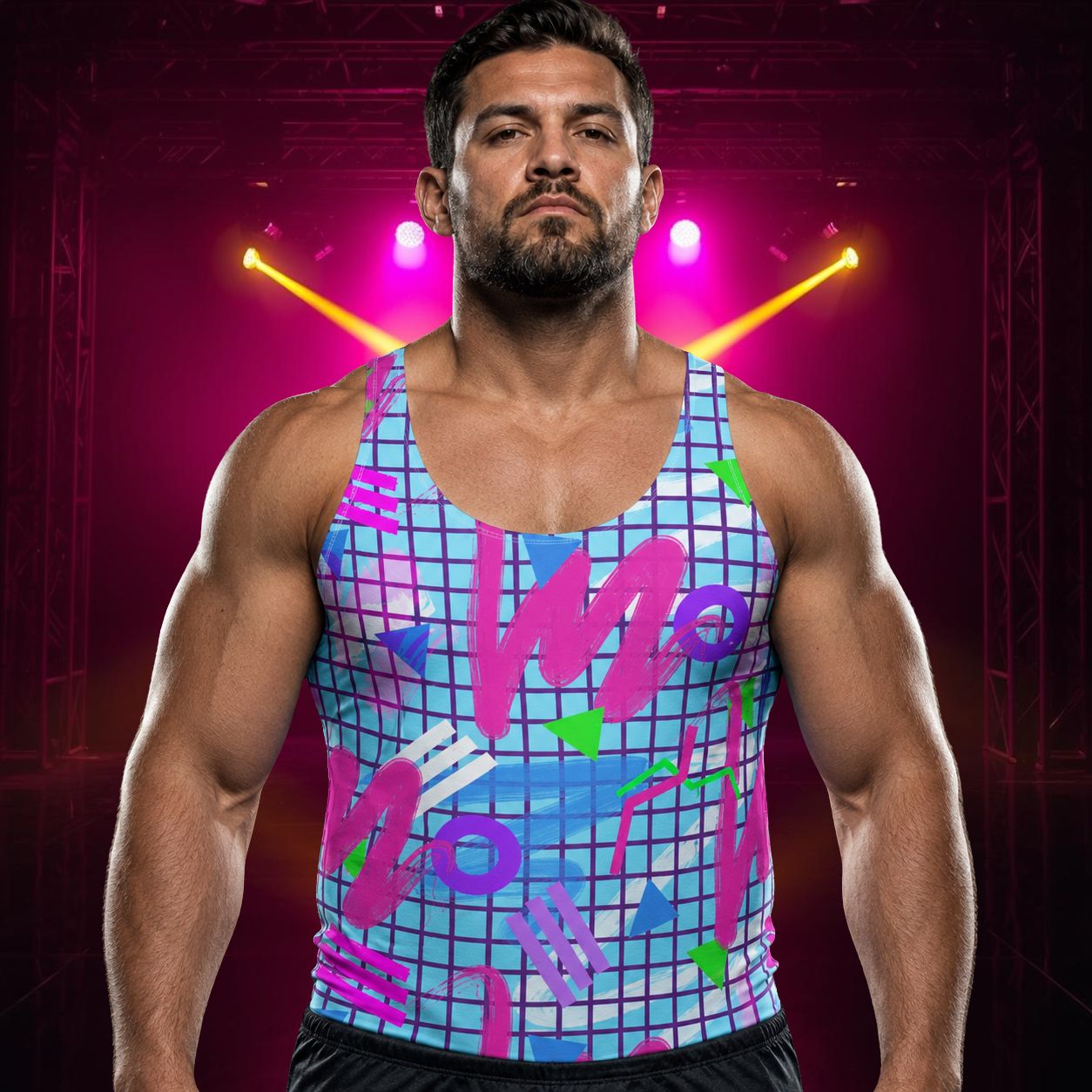 man wearing blue tank top with pink and purple 80s memphis shapes with a vaporwave style