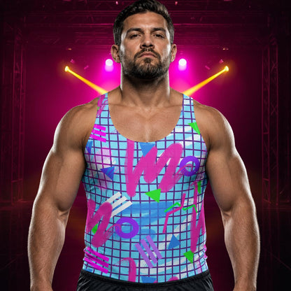man wearing blue tank top with pink and purple 80s memphis shapes with a vaporwave style