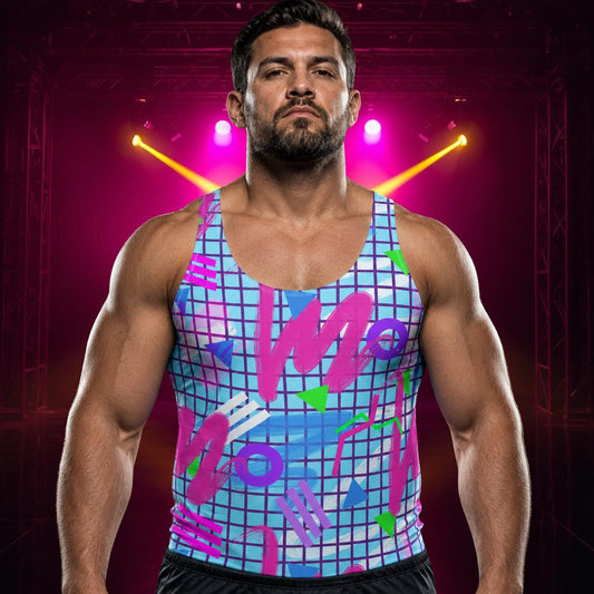 man wearing blue tank top with pink and purple 80s memphis shapes with a vaporwave style