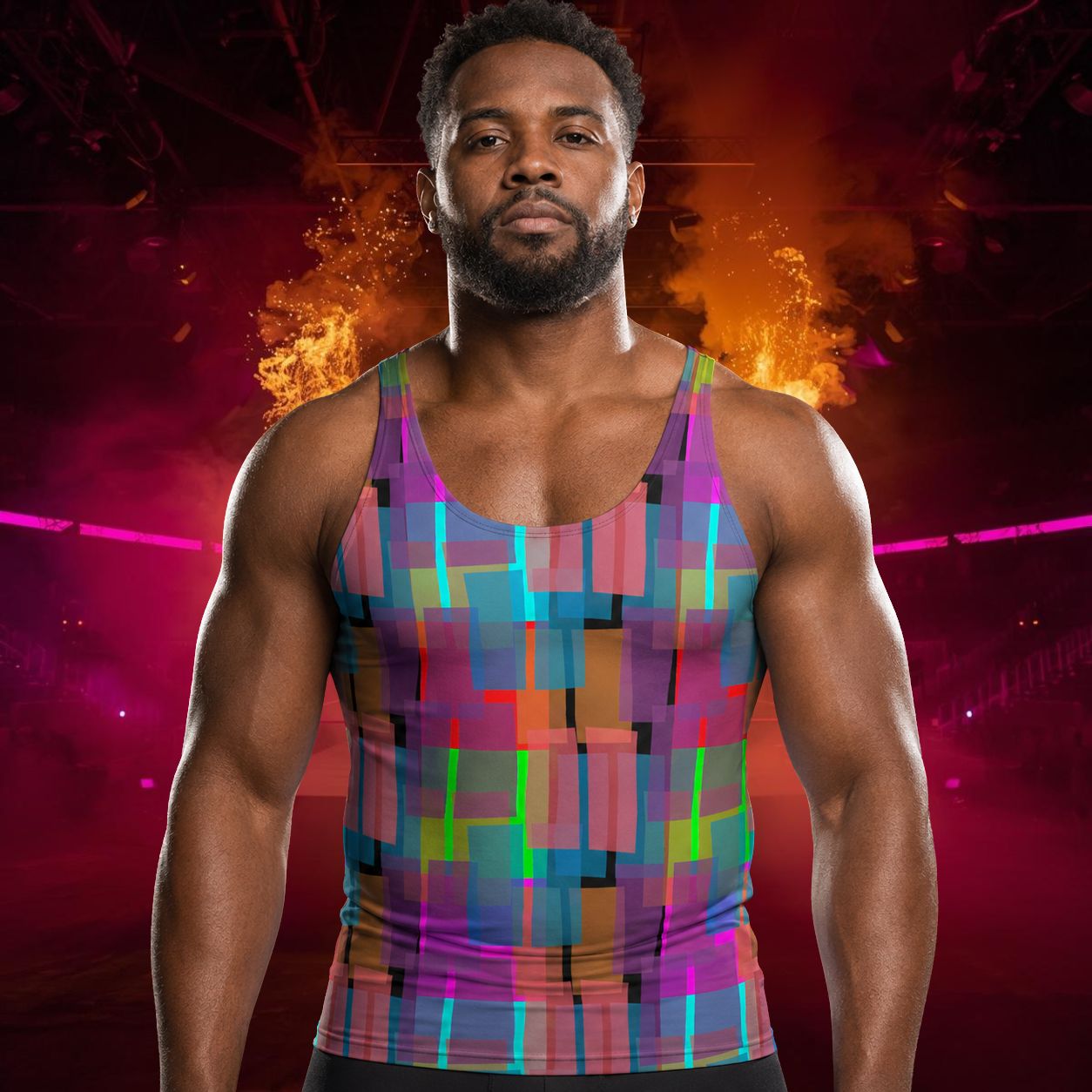 Man wearing tank top with rainbow colorblock geometric pattern