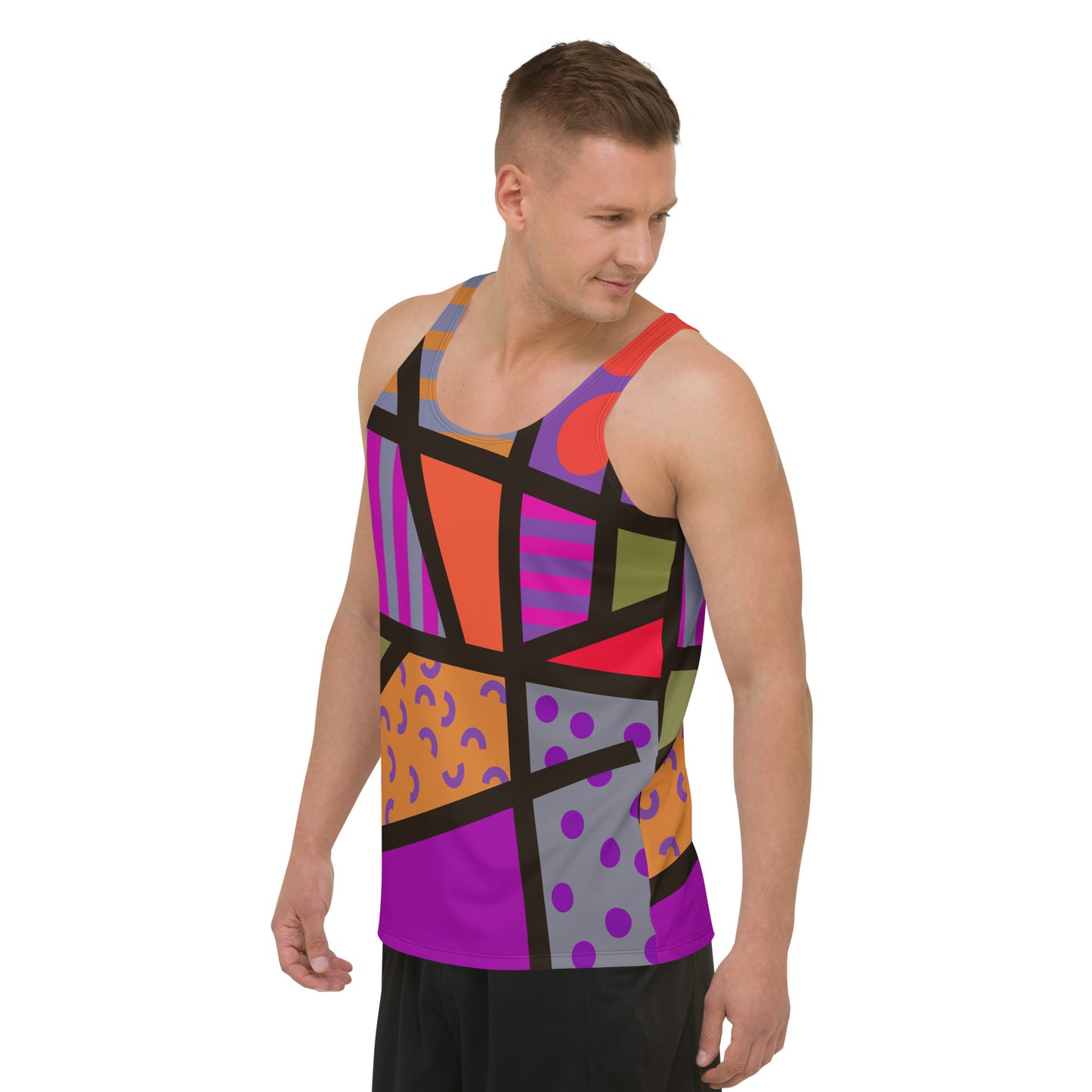 Vibrant retro 80s Memphis style tank top, for gym, running, pro-wrestling, BJJ, rave gear, festivals, streetwear with bold, bright geometric patterns and colours by BillingtonPix