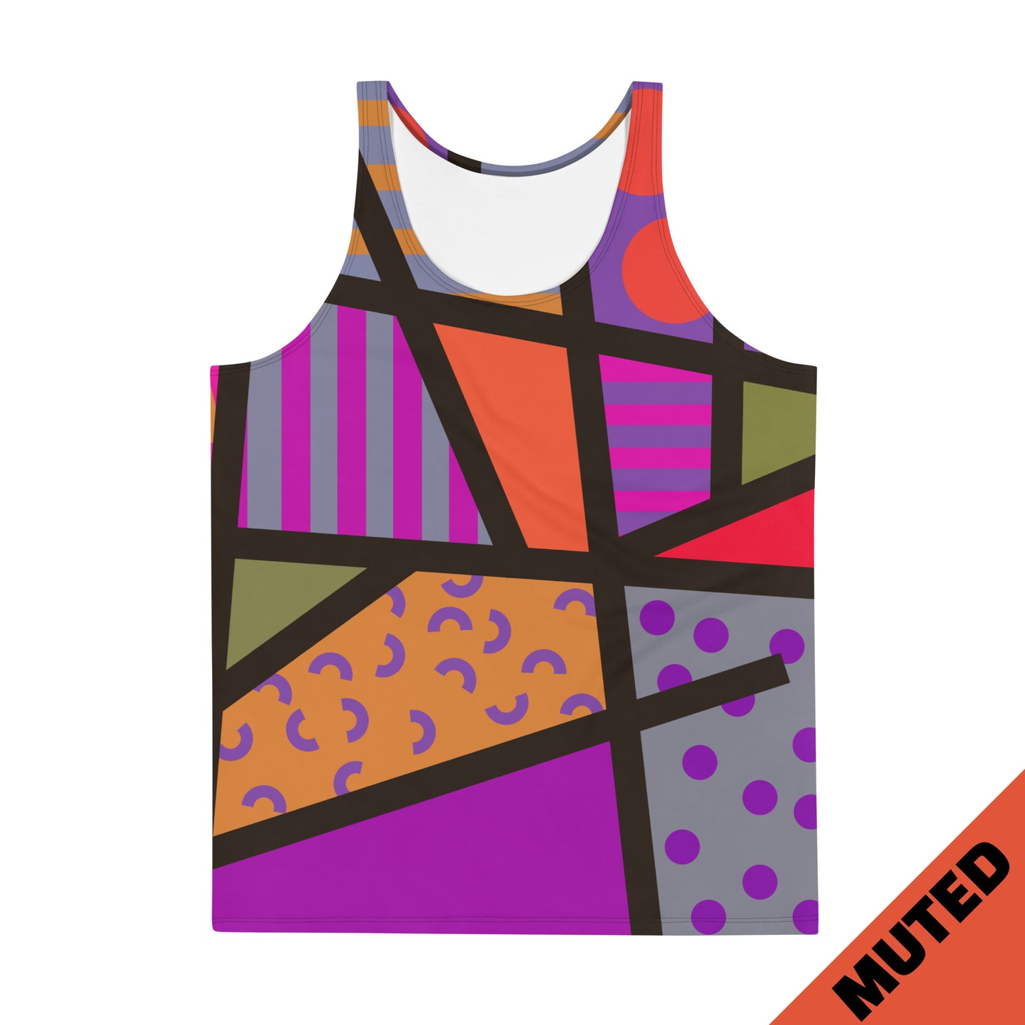 Vibrant retro 80s Memphis style tank top, for gym, running, pro-wrestling, BJJ, rave gear, festivals, streetwear with bold, bright geometric patterns and colours by BillingtonPix