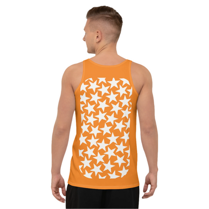 Mens matching tank top and pro wrestling tights in orange and white stars with alternating background and cut out insets.