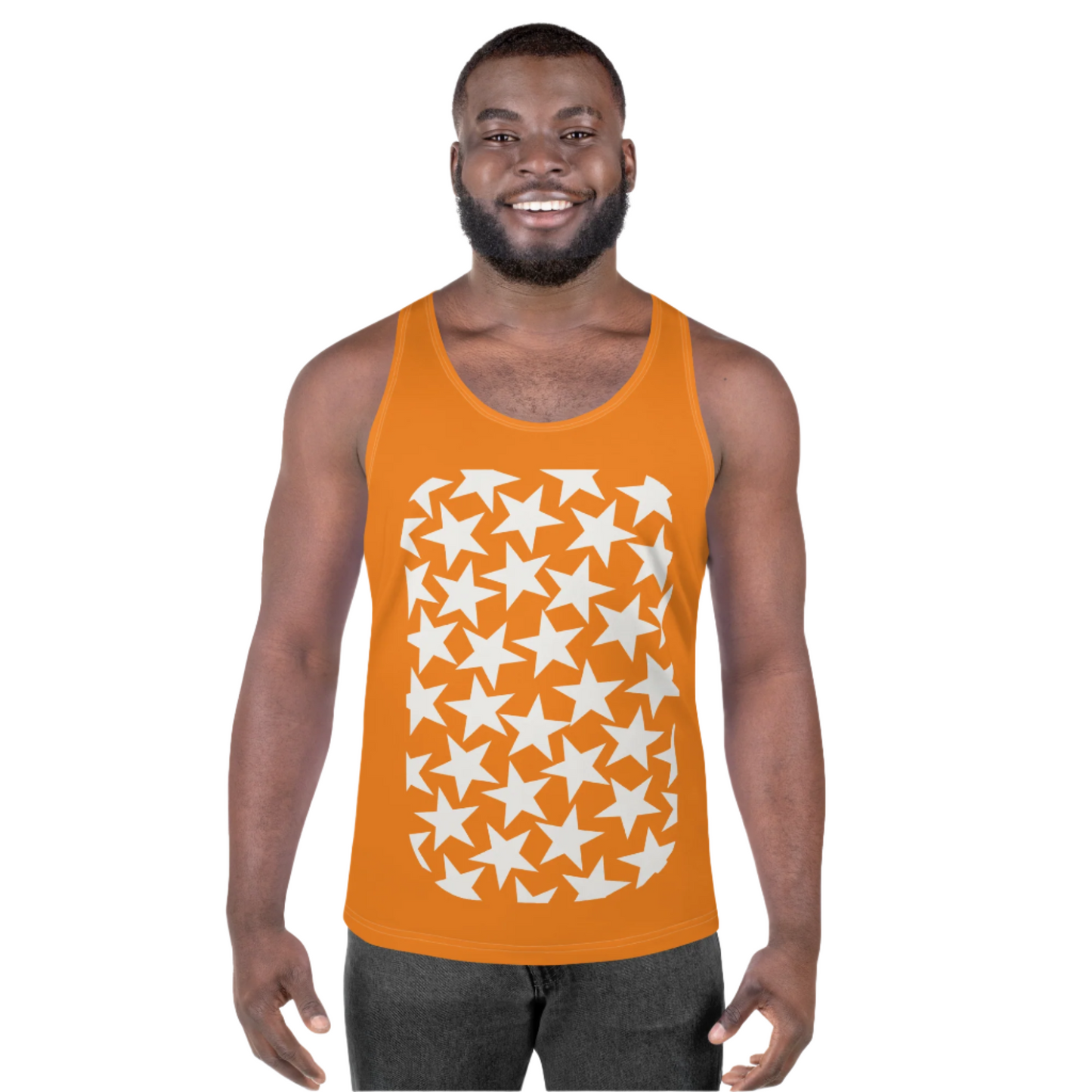 Mens matching tank top and pro wrestling tights in orange and white stars with alternating background and cut out insets.