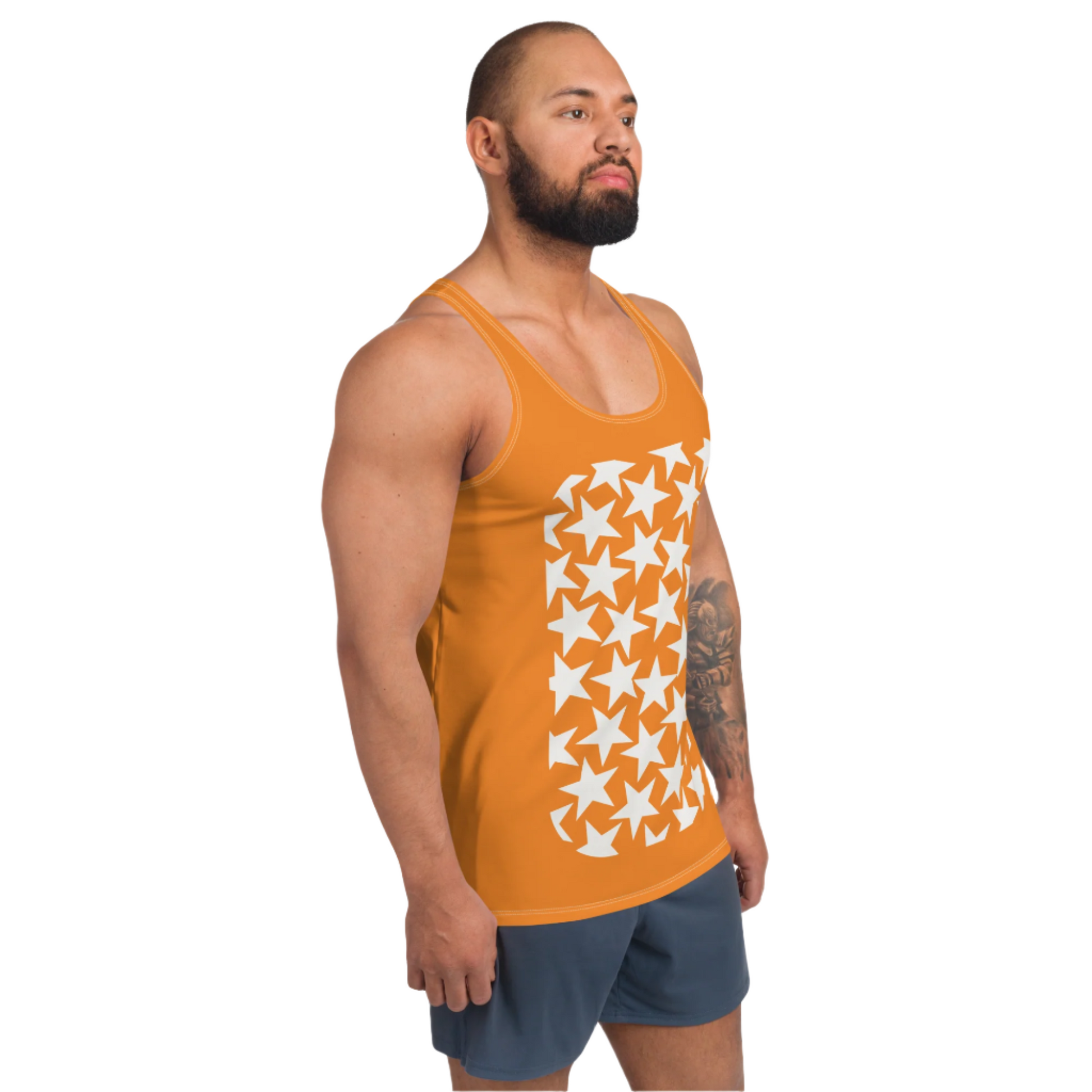 Mens matching tank top and pro wrestling tights in orange and white stars with alternating background and cut out insets.