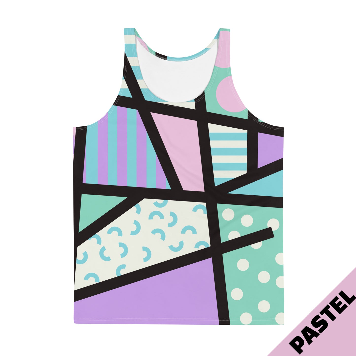 Pastel goth retro 80s Memphis style tank top, for gym, running, pro-wrestling, BJJ, rave gear, festivals, streetwear with bold, bright geometric patterns and colours by BillingtonPix