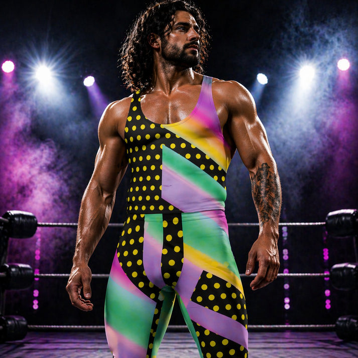 Editorial image representing man in pastel and polka dot tank top
