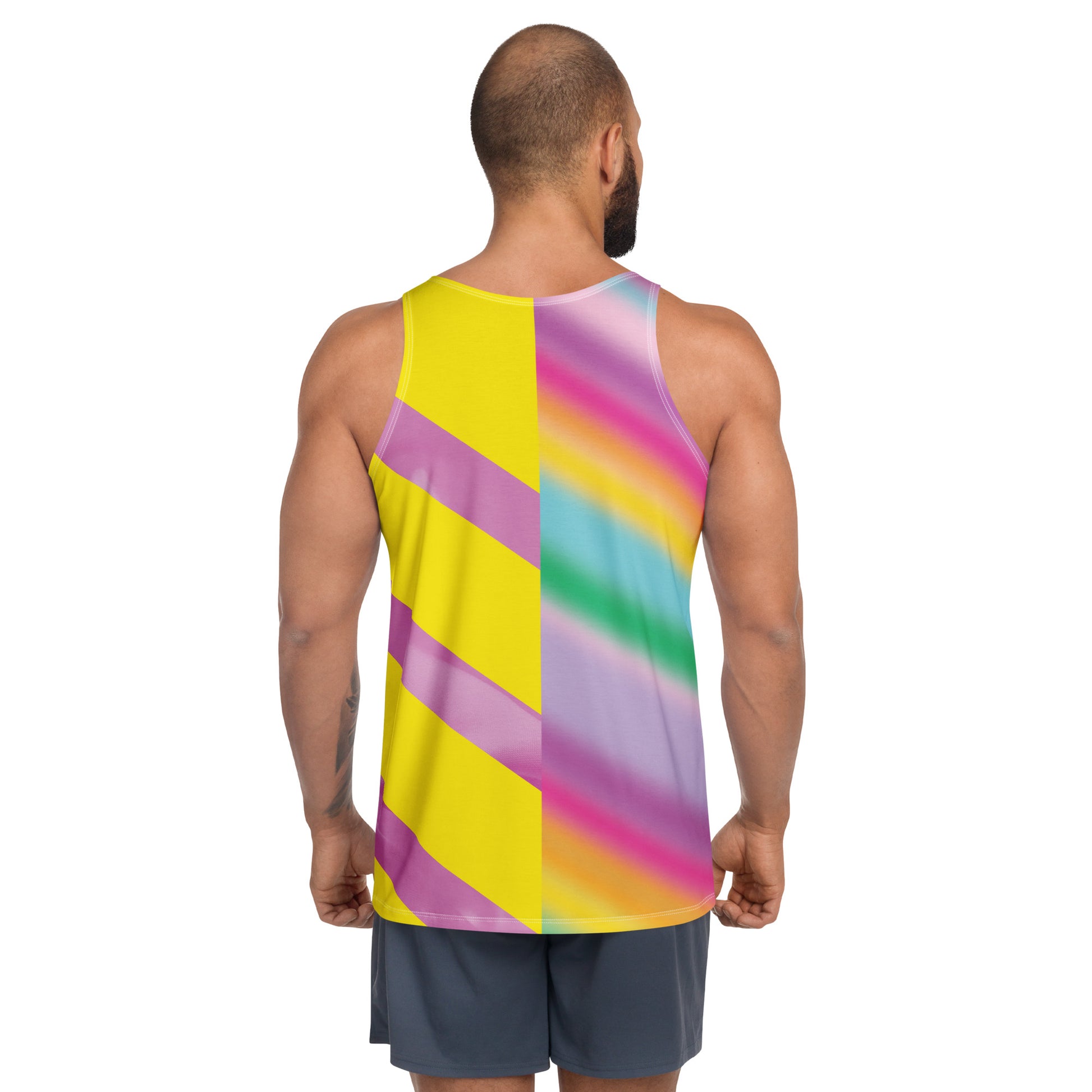 Men’s Pastel Rainbow Tank Top – pastel cosplay activewear inspired by vintage wrestling outfits in pink, mint, and yellow by BillingtonPix