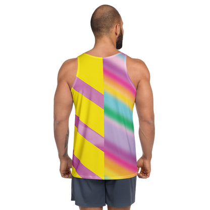 Men’s Pastel Rainbow Tank Top – pastel cosplay activewear inspired by vintage wrestling outfits in pink, mint, and yellow by BillingtonPix