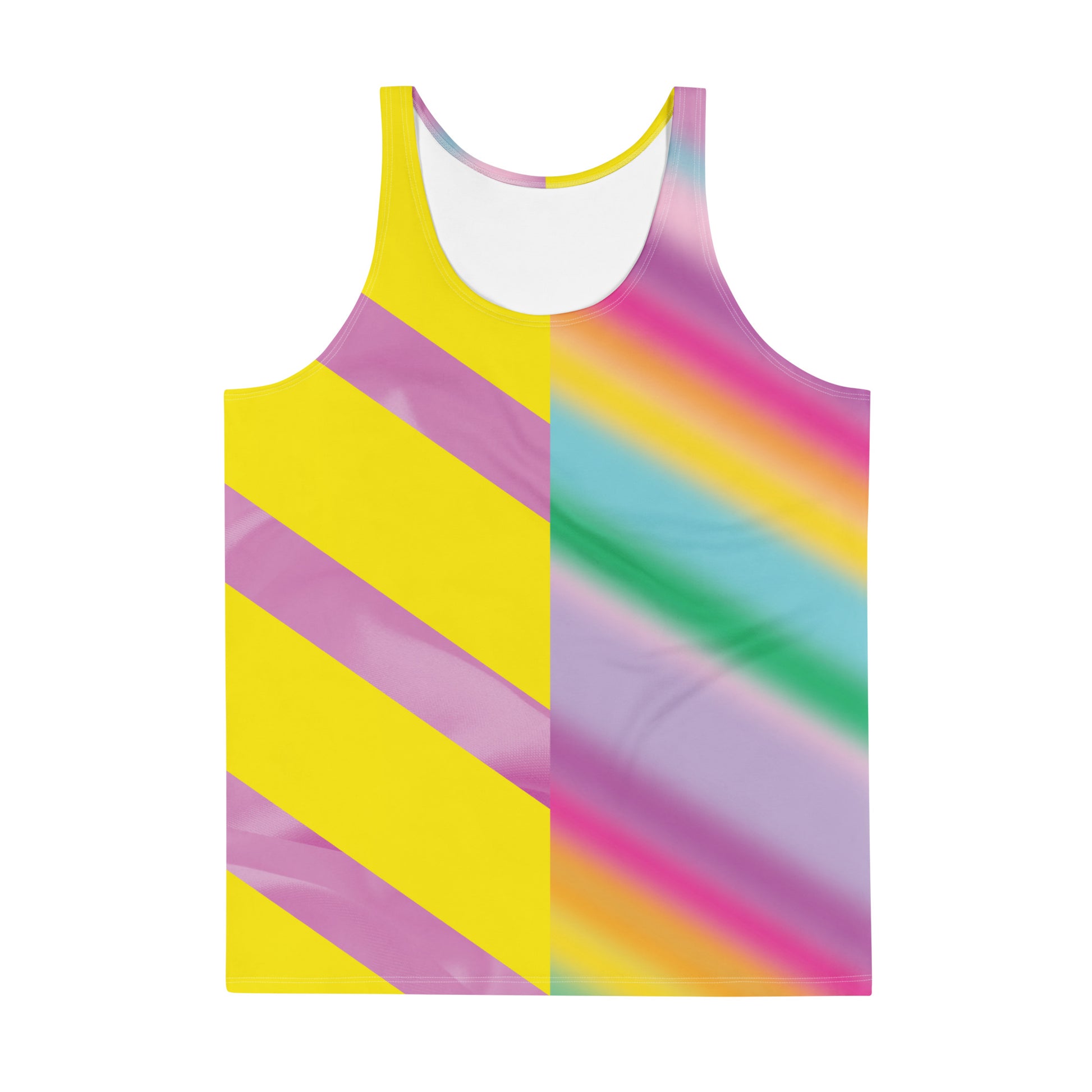 Men’s Pastel Rainbow Tank Top – pastel cosplay activewear inspired by vintage wrestling outfits in pink, mint, and yellow by BillingtonPix