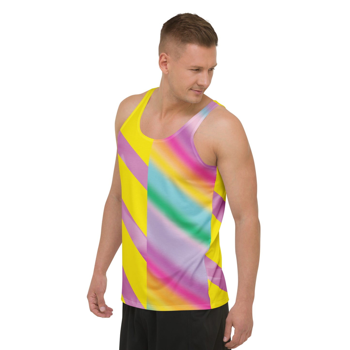 Men’s Pastel Rainbow Tank Top – pastel cosplay activewear inspired by vintage wrestling outfits in pink, mint, and yellow by BillingtonPix