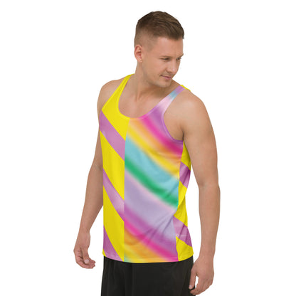 Men’s Pastel Rainbow Tank Top – pastel cosplay activewear inspired by vintage wrestling outfits in pink, mint, and yellow by BillingtonPix