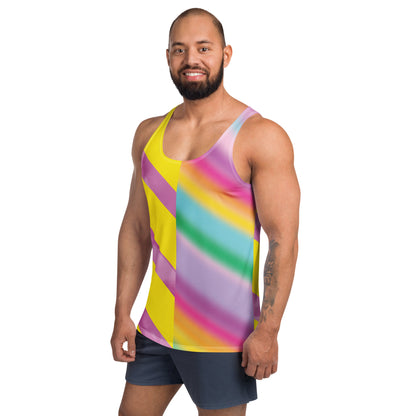 Men’s Pastel Rainbow Tank Top – pastel cosplay activewear inspired by vintage wrestling outfits in pink, mint, and yellow by BillingtonPix