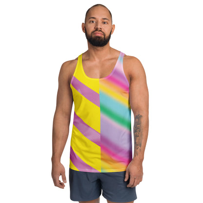 Men’s Pastel Rainbow Tank Top – pastel cosplay activewear inspired by vintage wrestling outfits in pink, mint, and yellow by BillingtonPix