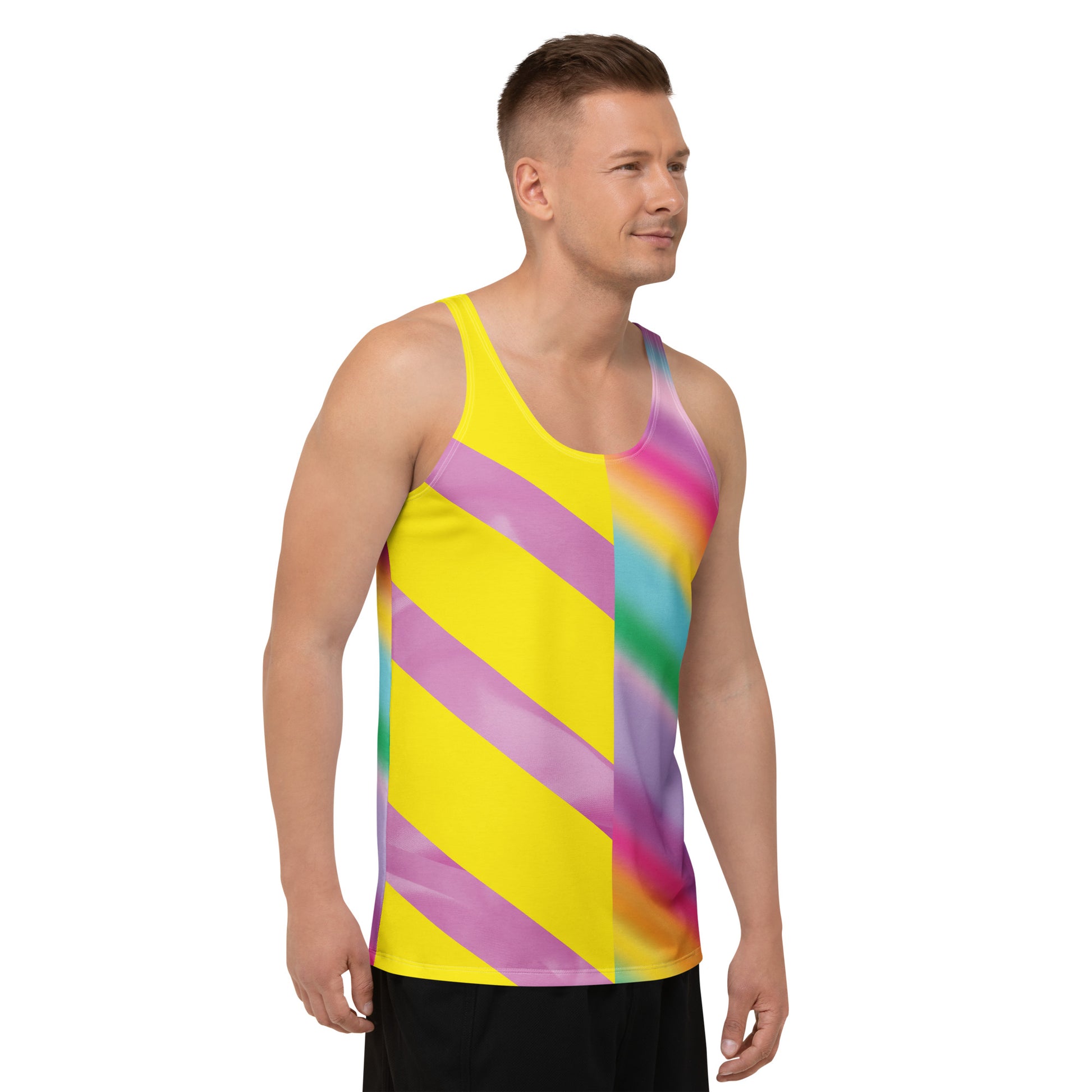 Men’s Pastel Rainbow Tank Top – pastel cosplay activewear inspired by vintage wrestling outfits in pink, mint, and yellow by BillingtonPix
