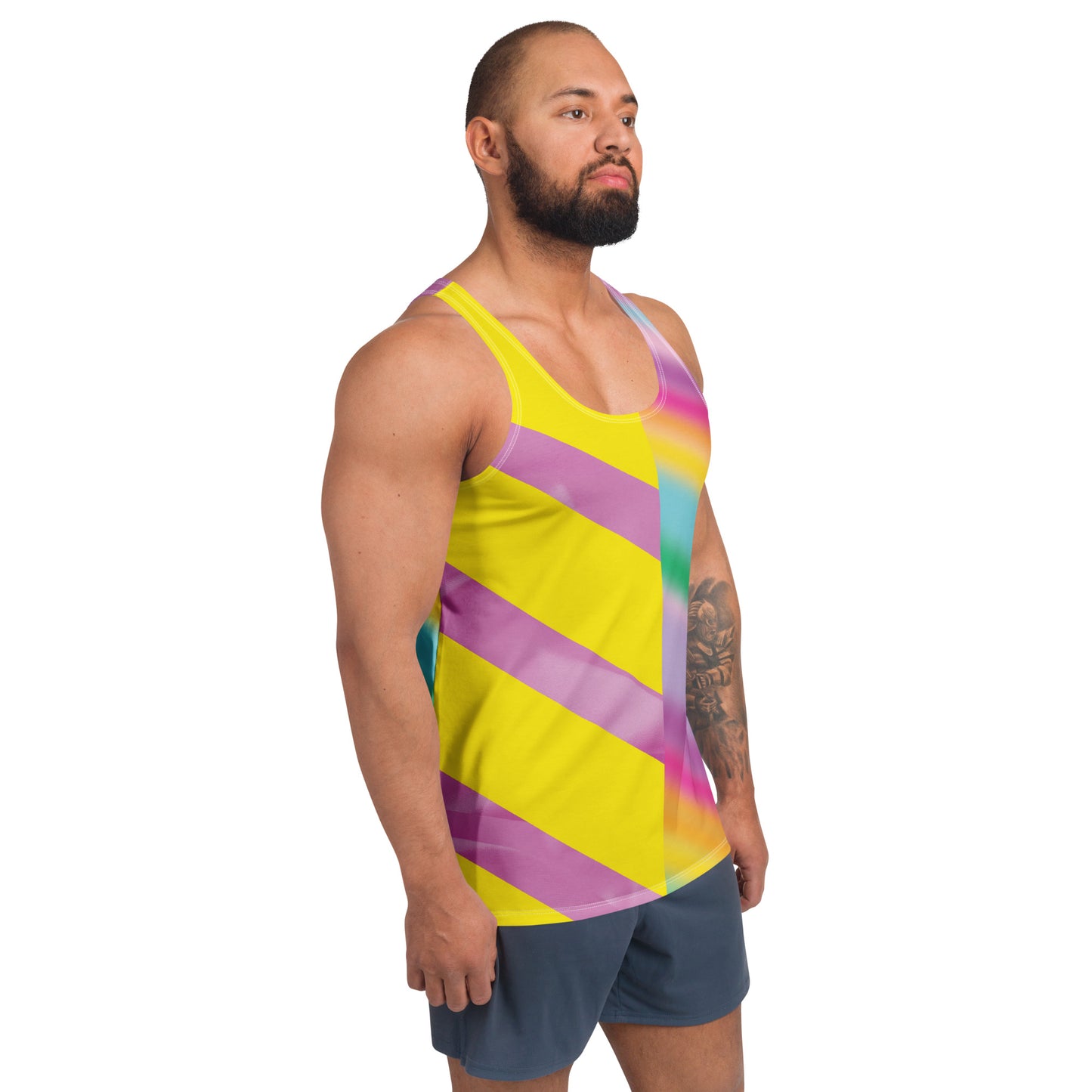 Men’s Pastel Rainbow Tank Top – pastel cosplay activewear inspired by vintage wrestling outfits in pink, mint, and yellow by BillingtonPix