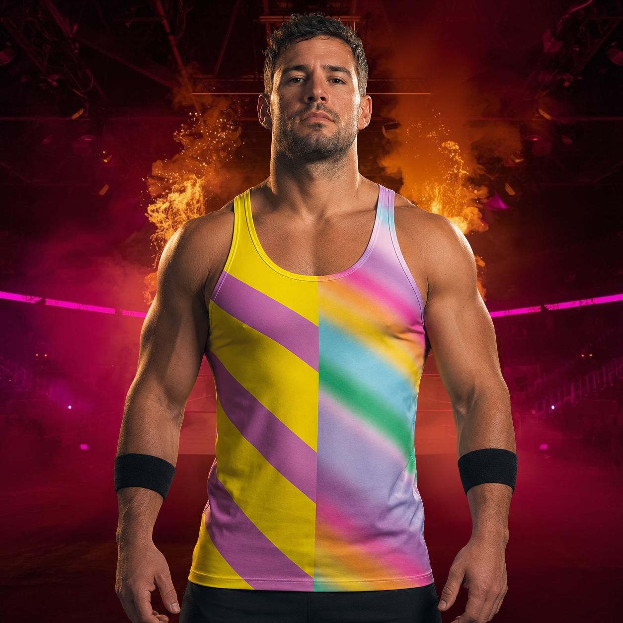 Man wearing a colorful pastel rainbow striped tank top in a wrestling ring setting