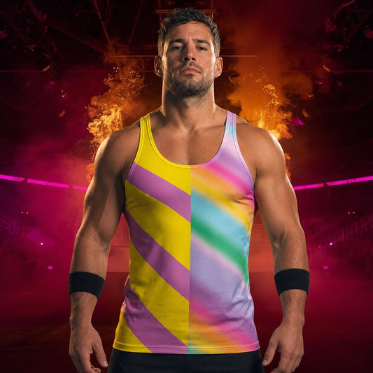Man wearing a colorful pastel rainbow striped tank top in a wrestling ring setting