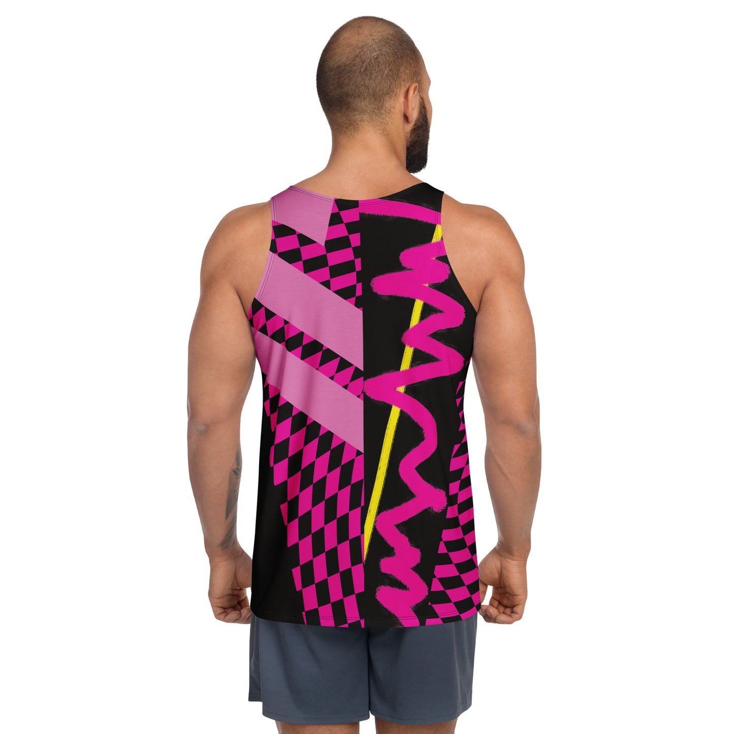 Man wearing tank top in pink and black geometric shapes
