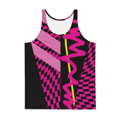 tank top laid flat front facing in pink and black geometric shapes - retro style wrestling top