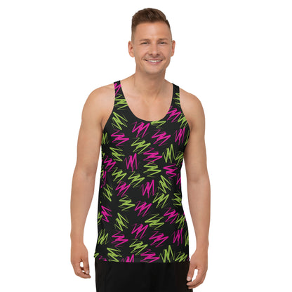 Mens tank top in pink and green zigzags on black polyester fabric. Relaxed fit, sleeveless