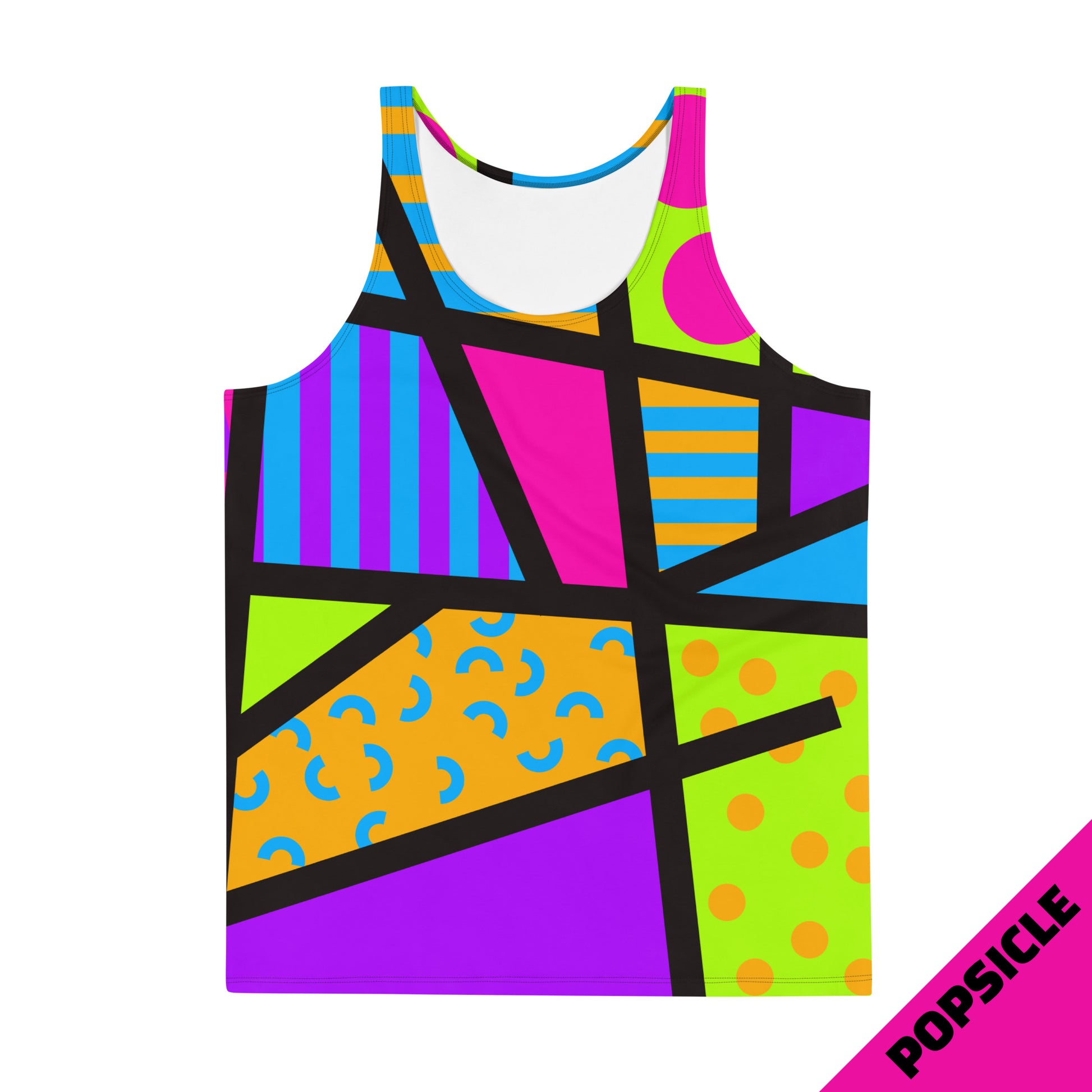 Popping retro 80s Memphis style tank top, for gym, running, pro-wrestling, BJJ, rave gear, festivals, streetwear with bold, bright geometric patterns and colours by BillingtonPix