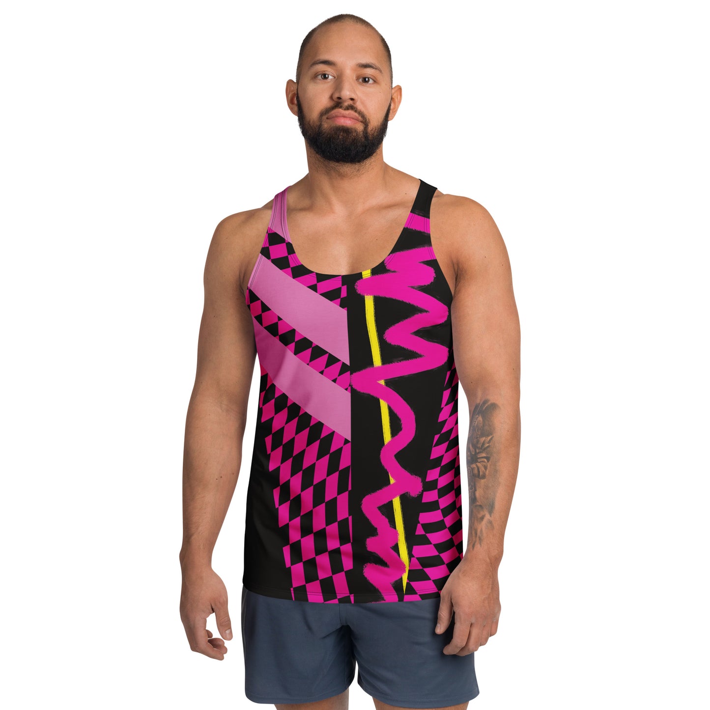 Men’s Fantasy Checks Tank Top – pink, black, and yellow retro geometric wrestling-inspired sleeveless gym shirt by BillingtonPix