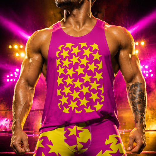 Person wearing a retro pink tank top with yellow star pattern in front of colorful lights.