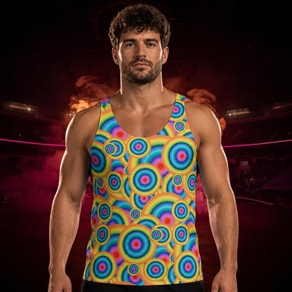 man wearing trippy psychedelic tank top in wrestling arena