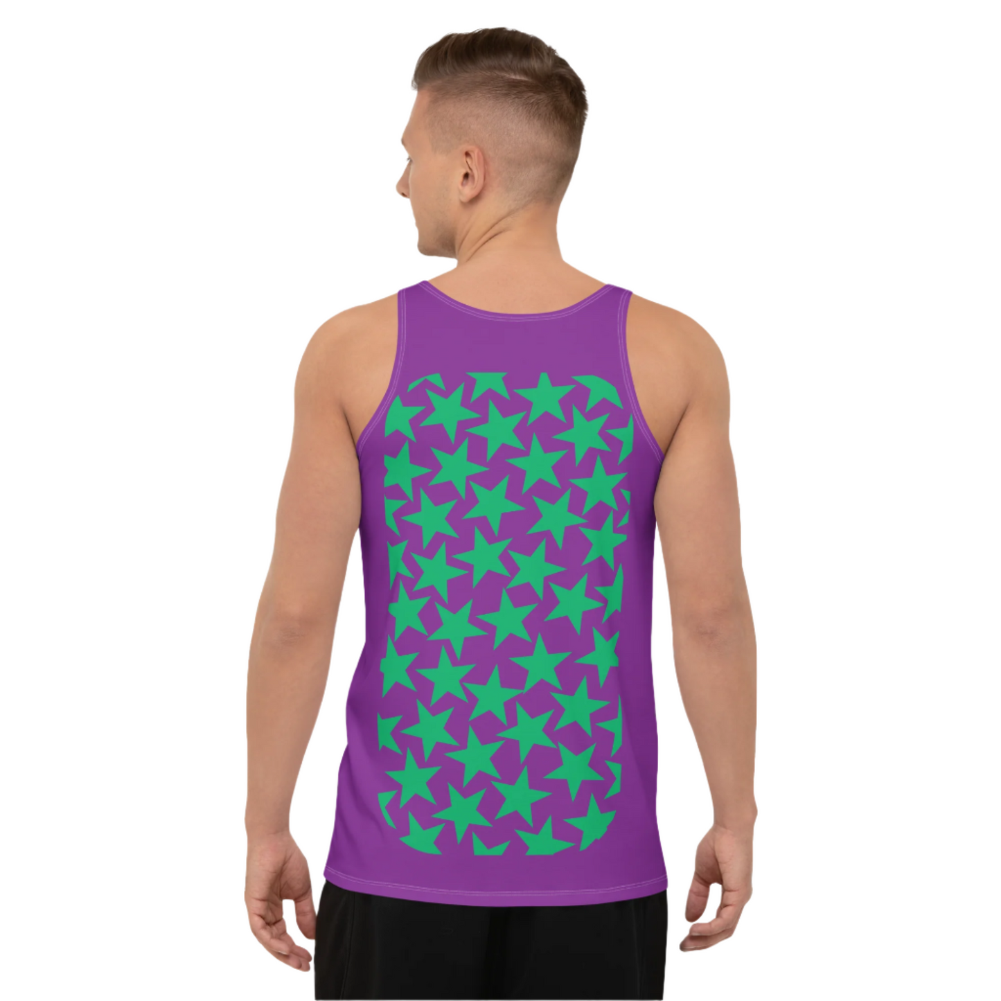 Pro wrestling long tights for men and matching tank top in purple and green stars as a bundle.