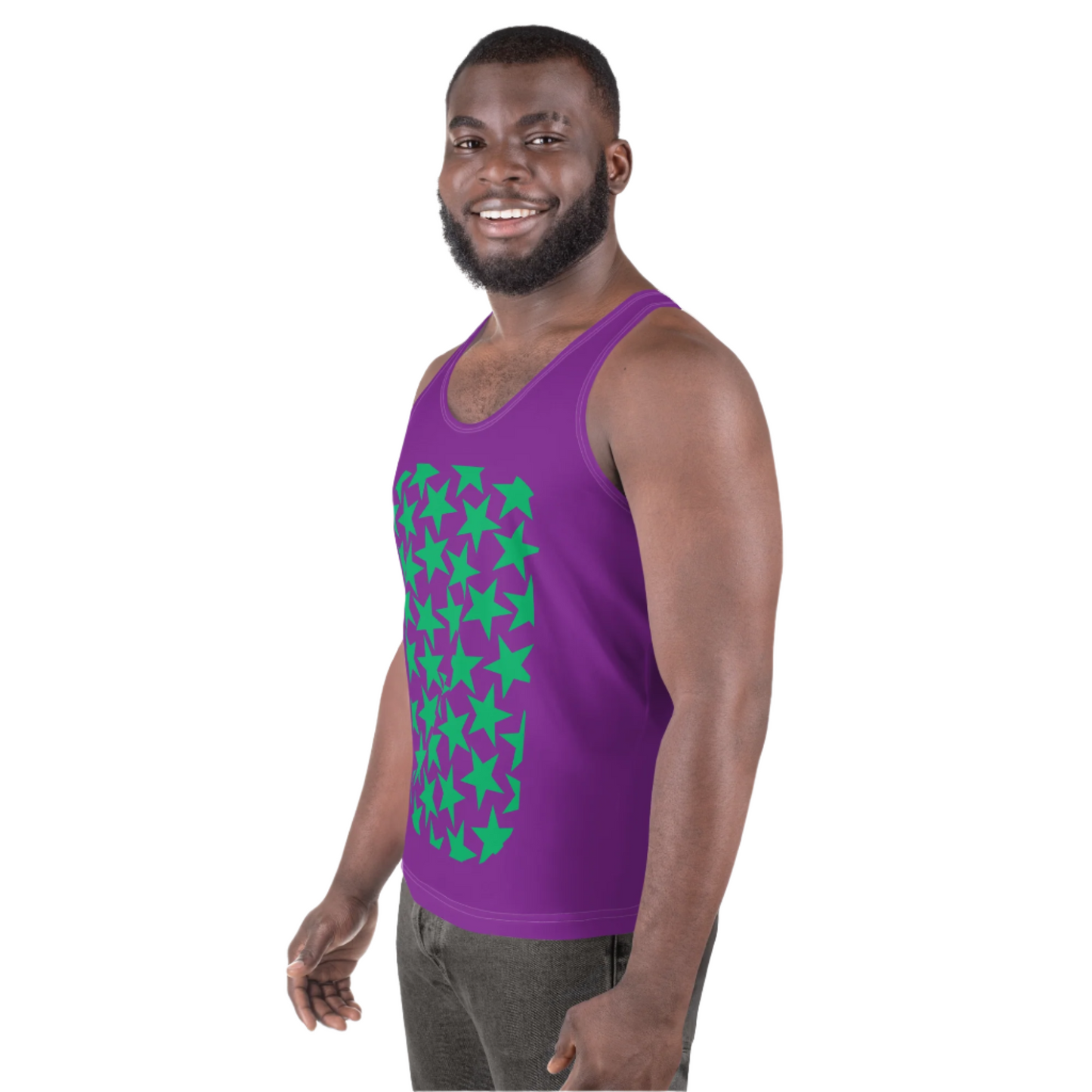 Pro wrestling long tights for men and matching tank top in purple and green stars as a bundle.