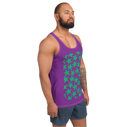 Pro wrestling long tights for men and matching tank top in purple and green stars as a bundle.