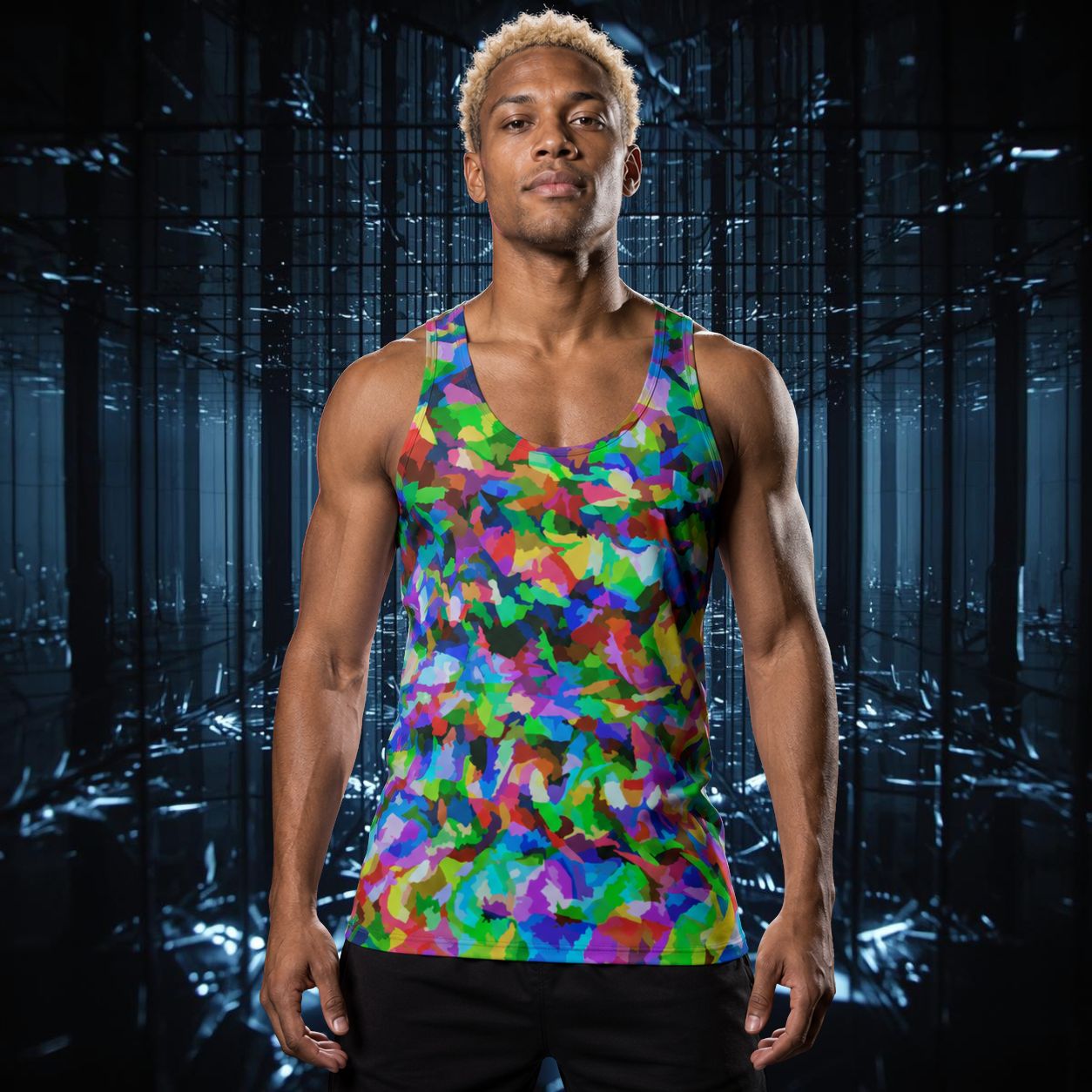 Men's tank top in abstract rainbow pattern