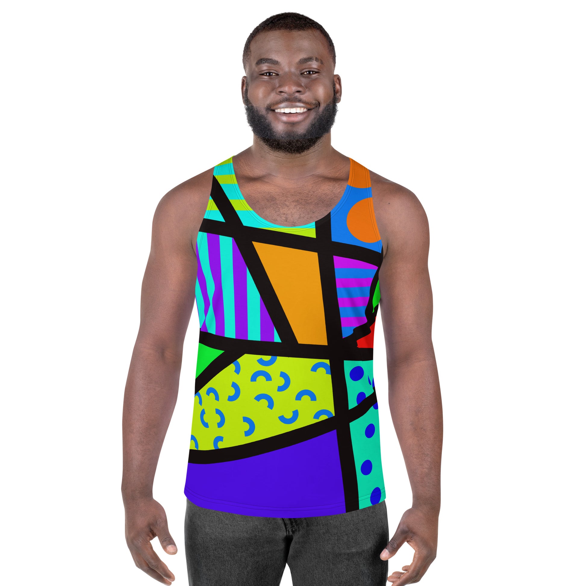 Vibrant retro 80s Memphis style tank top, for gym, running, pro-wrestling, BJJ, rave gear, festivals, streetwear with bold, bright geometric patterns and colours by BillingtonPix