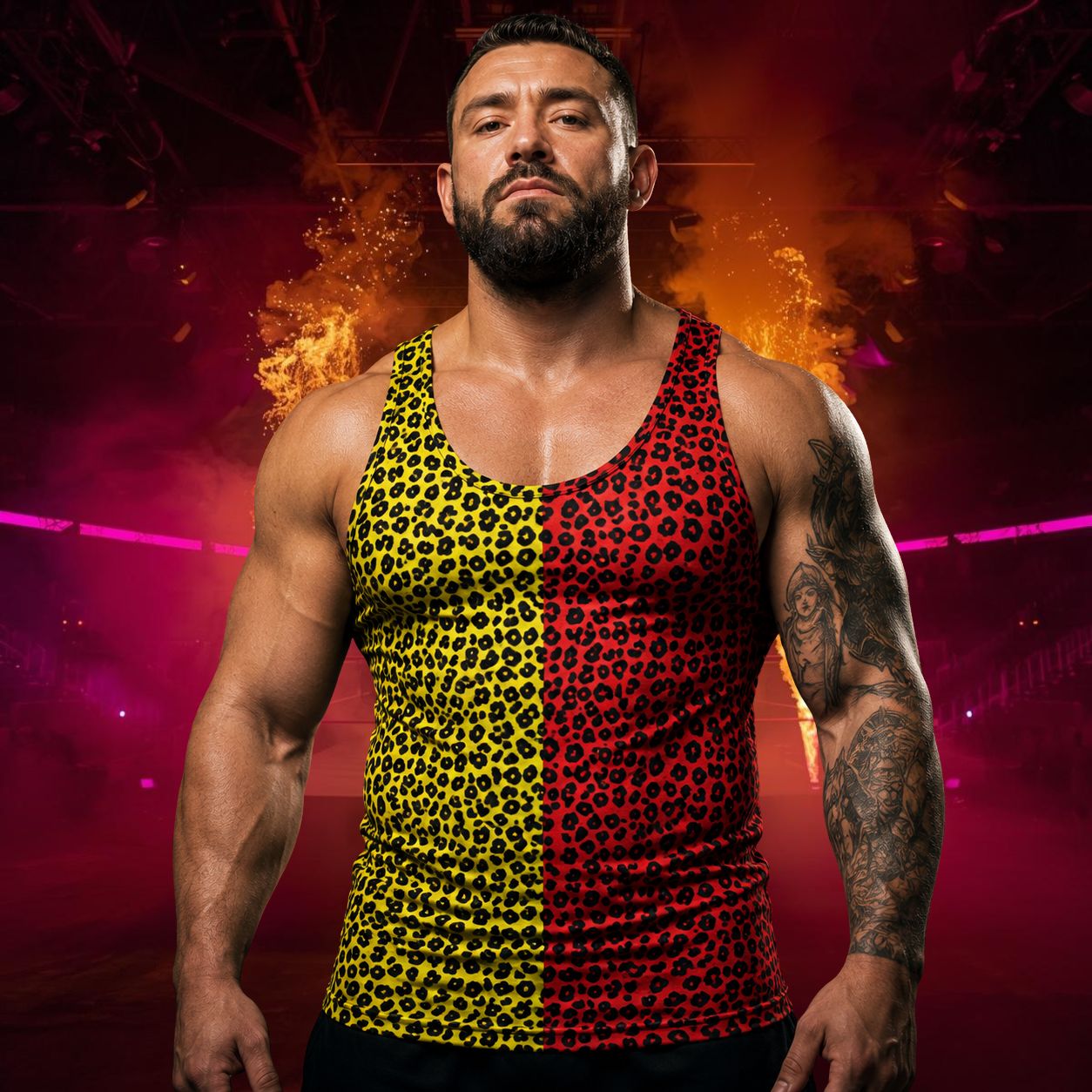 Man wearing a tank top with red and yellow leopard print pattern in an arena setting