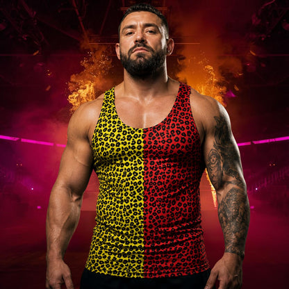 Man wearing a tank top with red and yellow leopard print pattern in an arena setting