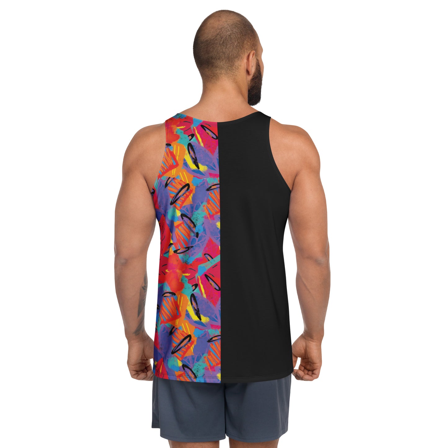 Retro wrestling inspired men's tank top with colourful Macho Memphis design
