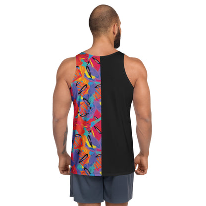 Retro wrestling inspired men's tank top with colourful Macho Memphis design