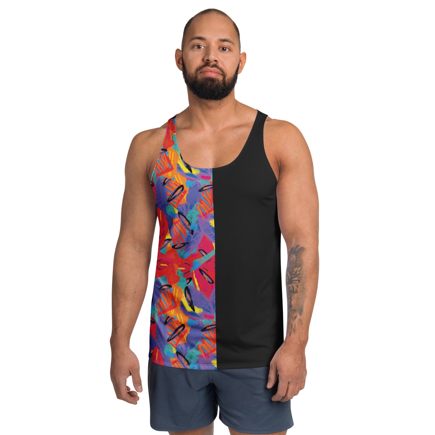 Lightweight men's activewear tank in colourful Macho Memphis pattern