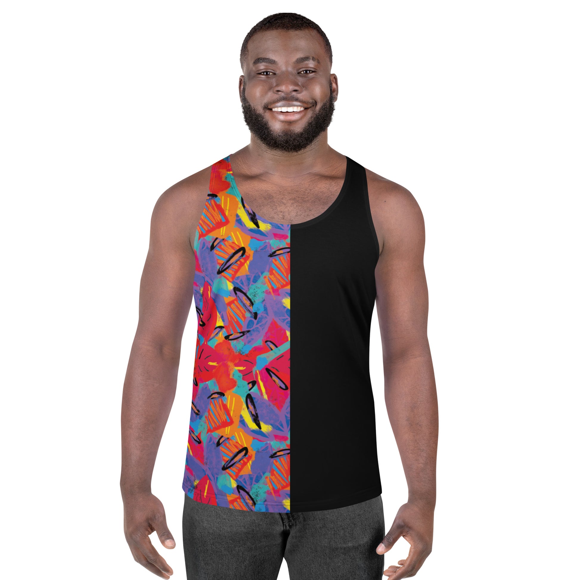Men's Macho Memphis tank top in bright 80s retro wrestling-inspired colours