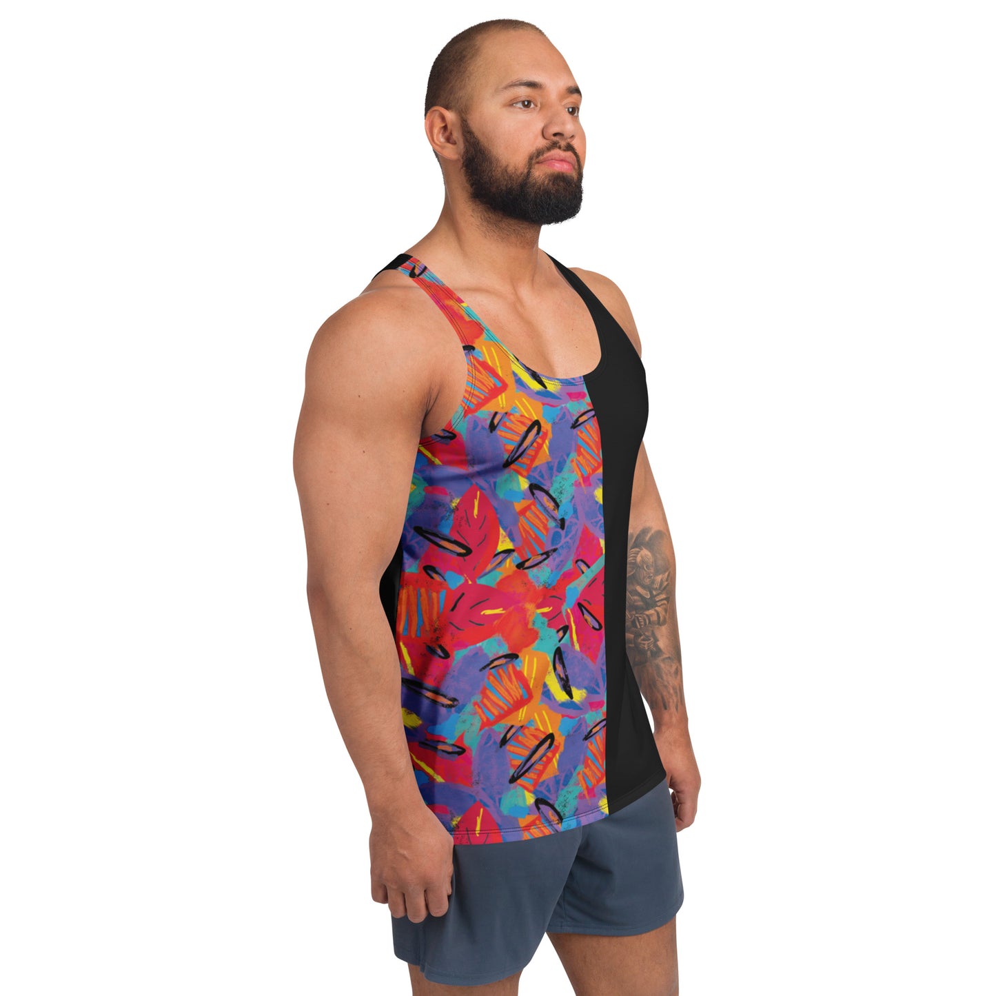 Men modeling wrestling cosplay tank top in 80s Memphis style graphics