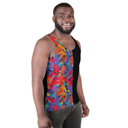 Lightweight men's activewear tank in colourful Macho Memphis pattern
