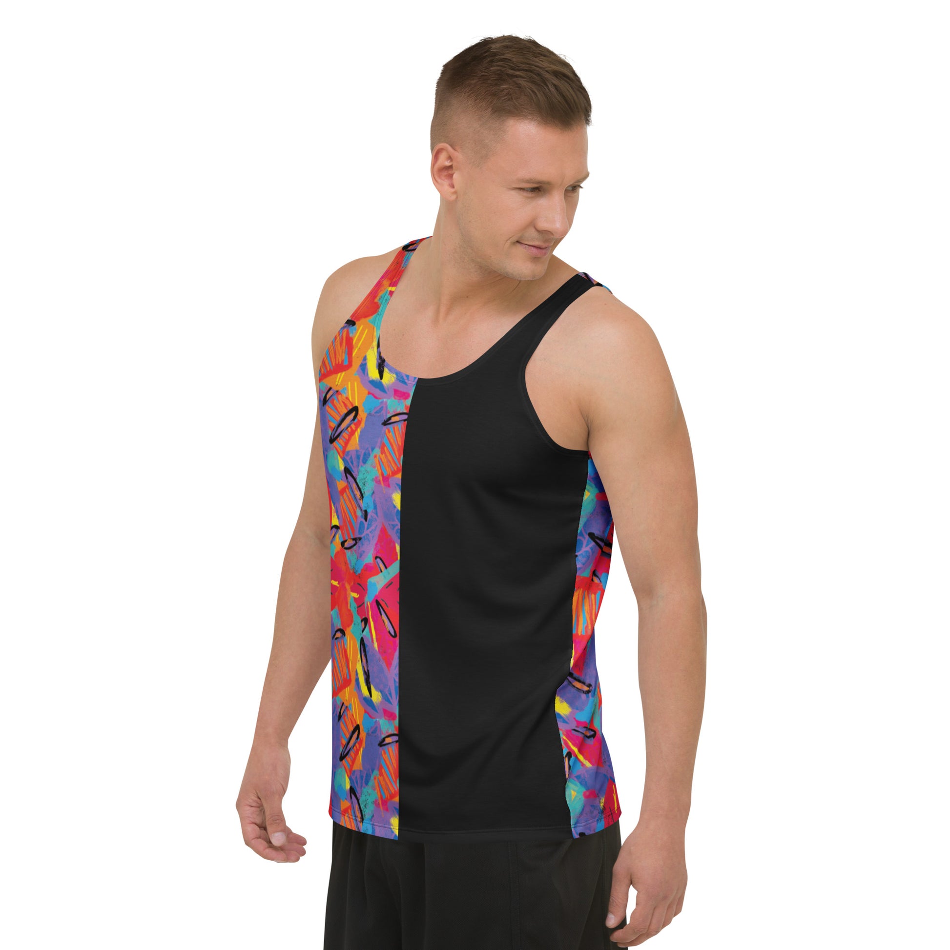 Vibrant Memphis style men's tank top with bold 80s geometric pattern