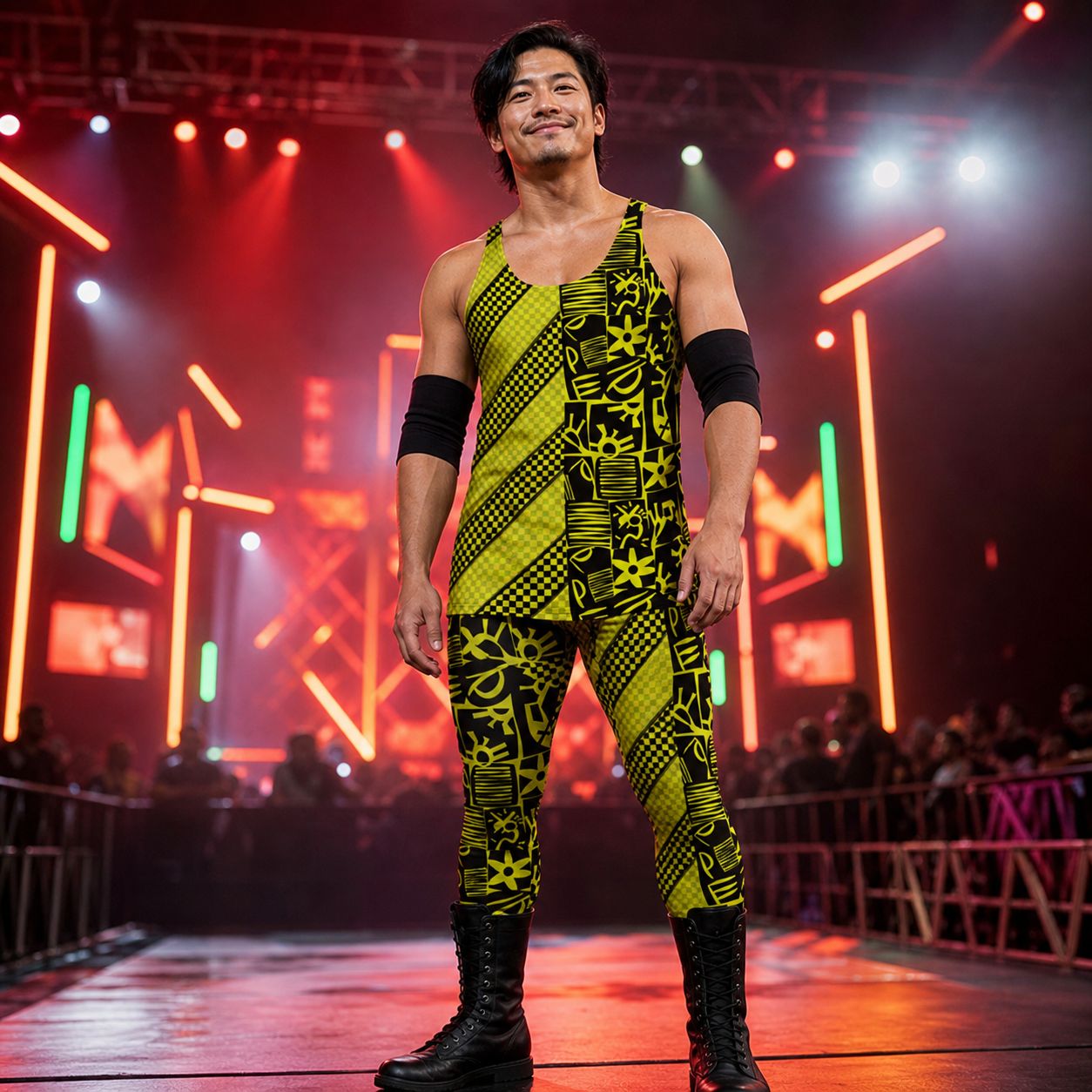 man wearing retro 80s memphis yellow black block tank and matching wrestling tights 