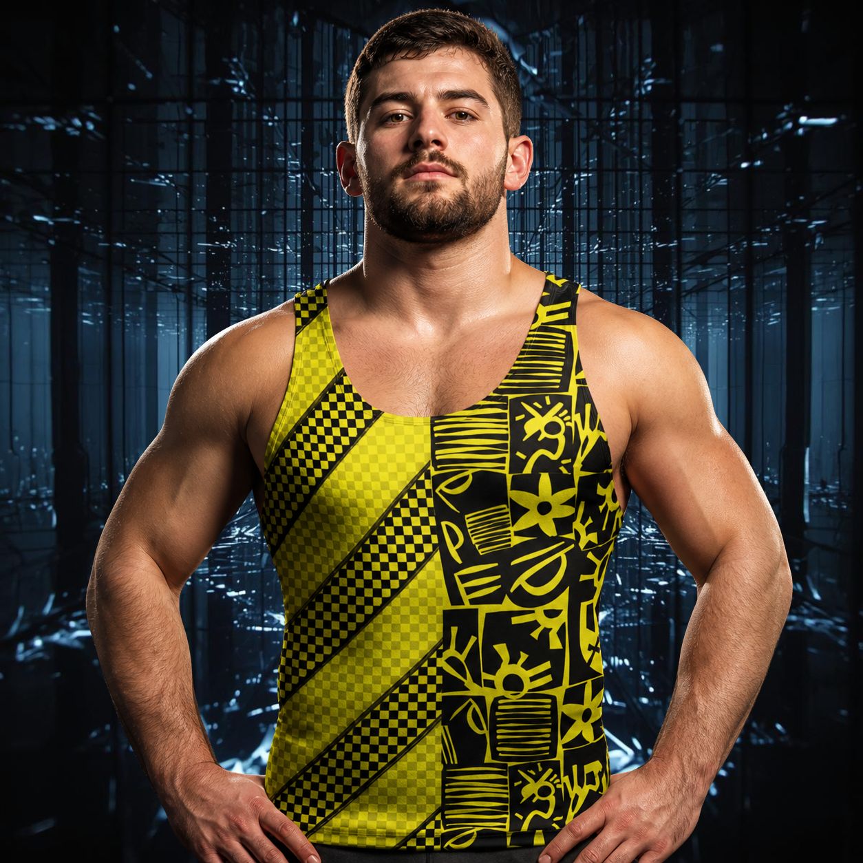 Man wearing a retro 80s memphis style yellow and black tank top with a cityscape background
