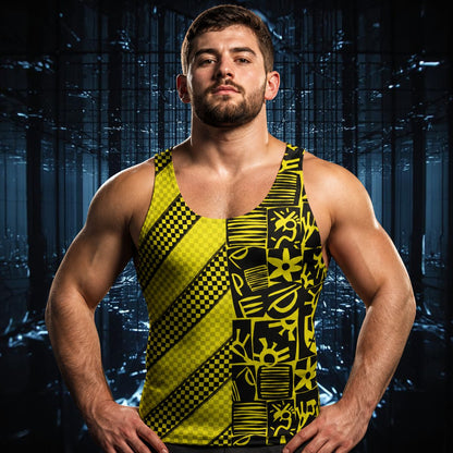 Man wearing a retro 80s memphis style yellow and black tank top with a cityscape background