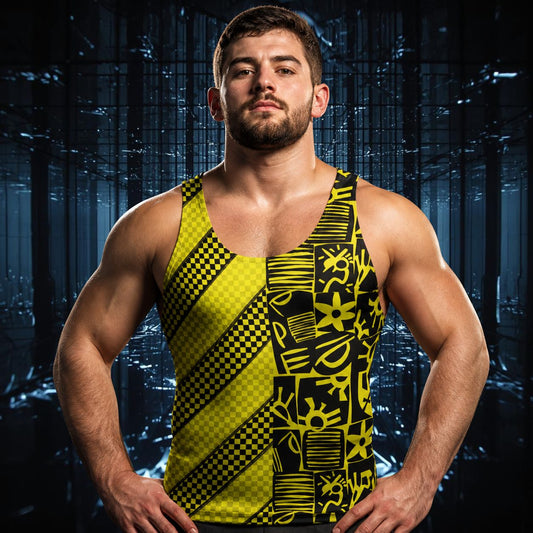 Man wearing a retro 80s memphis style yellow and black tank top with a cityscape background