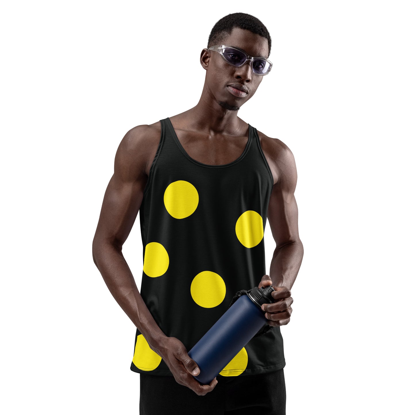 Men's retro style tank top in black with large yellow polka dots