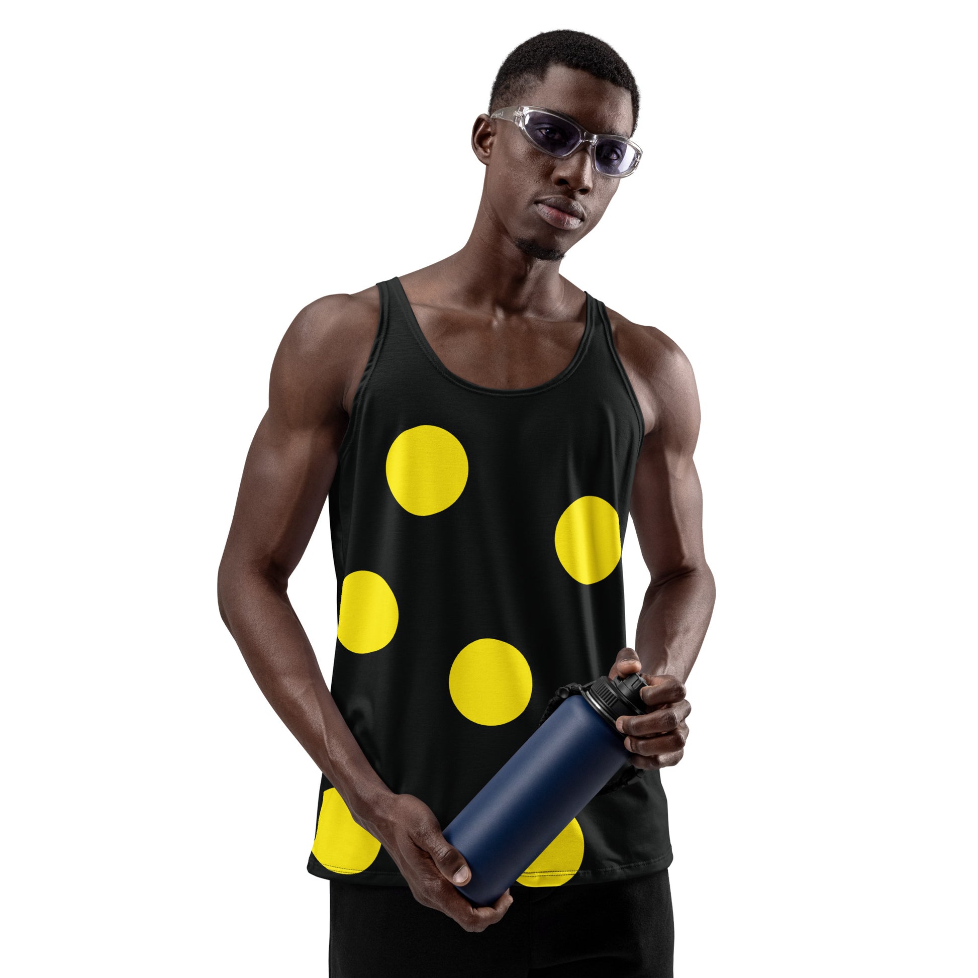 Men's retro style tank top in black with large yellow polka dots
